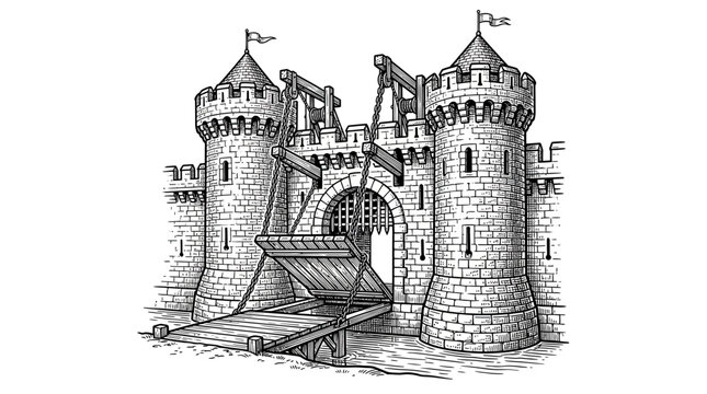 Medieval Castle Fortress with Drawbridge and Towers