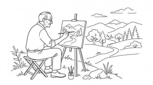 Senior man painting landscape outdoors on easel line art with active seniors line art