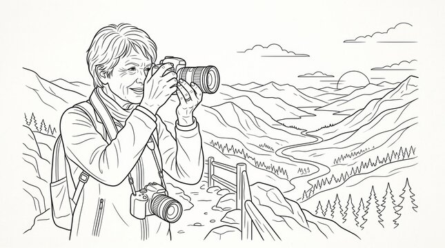 Senior woman traveler taking a photo of a mountain landscape with active seniors line art
