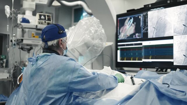 Doctor monitoring angiographic imaging and patient data during an interventional vascular procedure