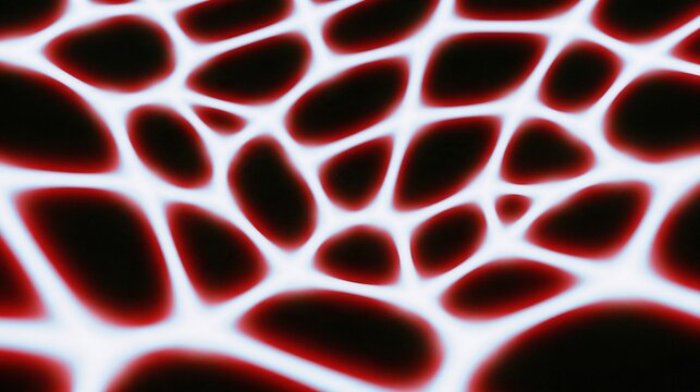 Abstract organic cellular pattern with glowing red outlined dark rounded cells on off white base forming a soft blurred biological network natural texture