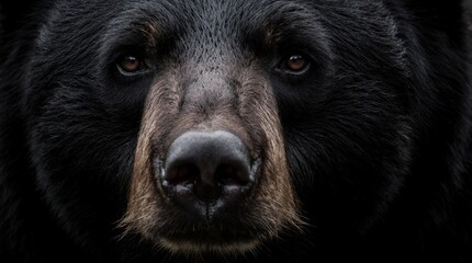 Obraz premium Extreme macro closeup of black bear face. Detailed view shows wet nose, dark eyes, thick fur texture. Wild animal predator looks directly at camera. Natural wilderness portrait of grizzly mammal in