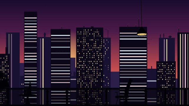 2D flat animation of a city skyline at sunset viewed from an apartment balcony, featuring illuminated skyscraper windows and a purple twilight sky in a slow panning motion