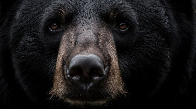 Extreme macro closeup of black bear face. Detailed view shows wet nose, dark eyes, thick fur texture. Wild animal predator looks directly at camera. Natural wilderness portrait of grizzly mammal in