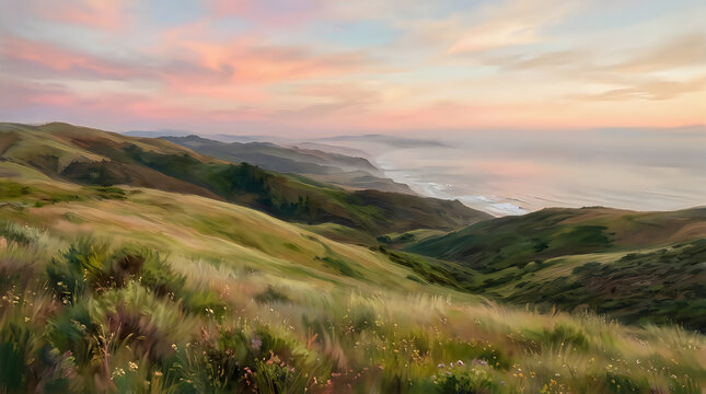 Scenic coastal landscape with rolling hills and a pastel colored sunset over the ocean