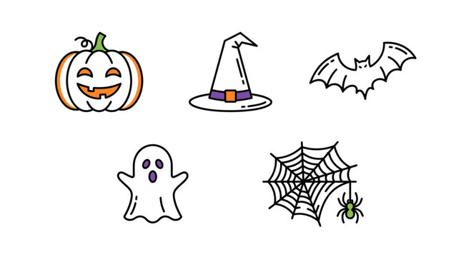 Halloween pumpkin witch trick treat spooky haunted cat spider ghost candy autumn corn bat skeleton party patch night moon decoration icons for fun