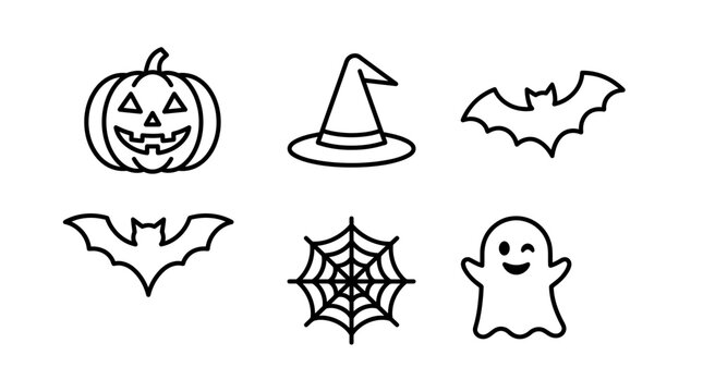 Halloween symbols such as a spooky pumpkin, witch hat, flying bat, haunted spider web, and ghost for a trick or treat night, perfect for autumn party decorations and candy collection