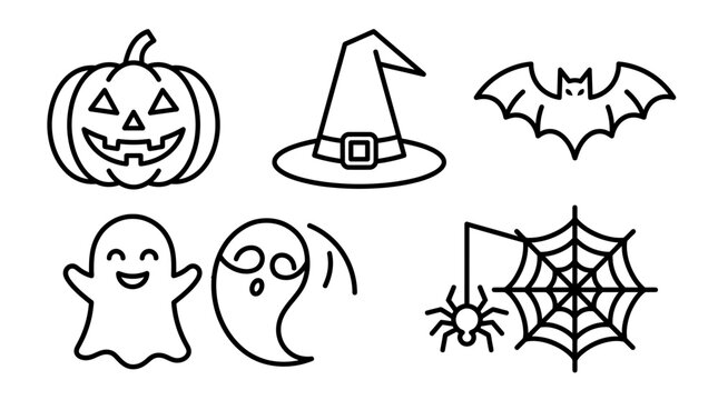 Spooky Halloween Icons Pumpkin, Witch Hat, Bat, Ghost, Spiderweb, and Decorations for a Haunted Autumn Party, Trick or Treat Night with Candy and Moonlit Fun