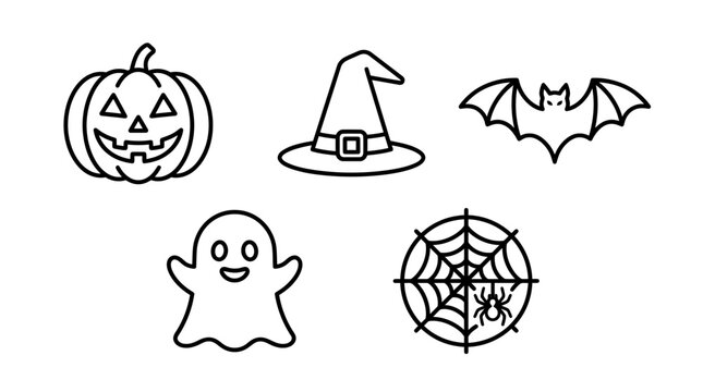 Halloween pumpkin witch trick treat spooky haunted cat spider ghost candy autumn corn bat skeleton party patch night moon decoration icons vector