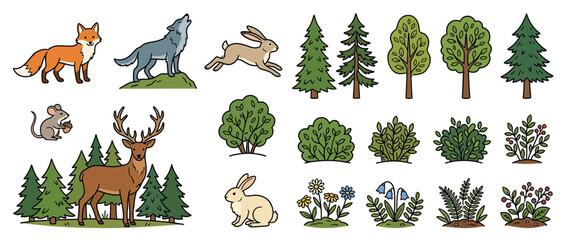 Obraz premium Cute Forest Animals and Plants Collection, Isolated Elements