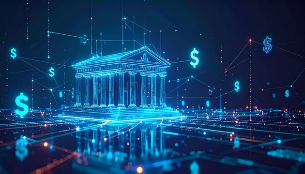 Futuristic financial institution rendered in blue neon with interconnected data networks and currency symbols, symbolizing digital banking, fintech infrastructure, and financial services.