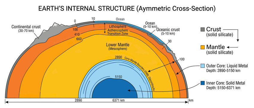 Earth's internal structure cross-section diagram, scientific illustration
