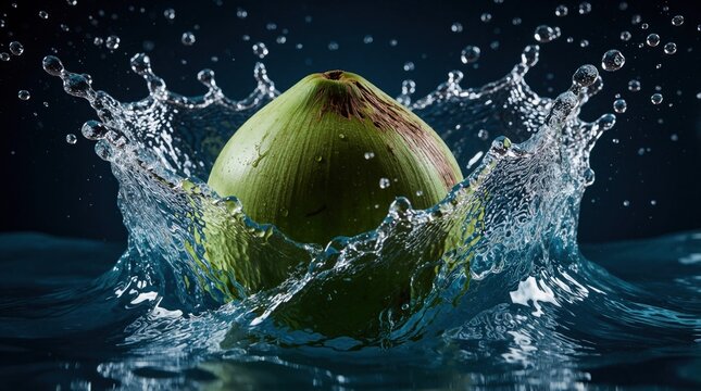 Green coconut falls into blue water creating big splash. Liquid droplets fly everywhere from impact. Refreshing tropical fruit hits clean ocean surface. Dynamic macro shot shows heavy movement,