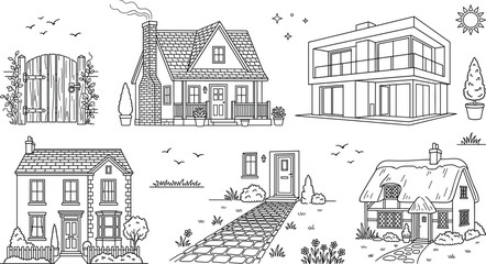 Obraz premium Architecture house styles set with modern villa traditional cottage suburban home gate pathway line art vector illustration doodle