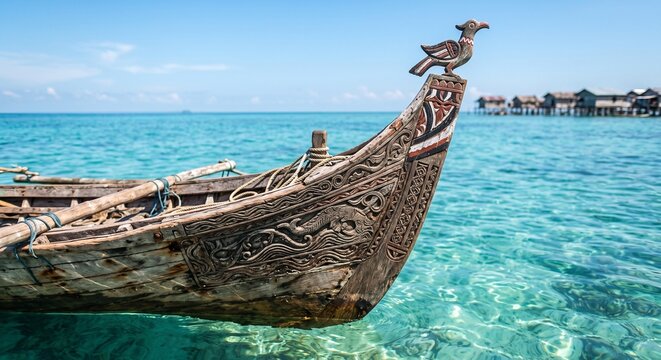 Carved wooden Bajau Laut boat bow with bird figurehead on turquoise sea