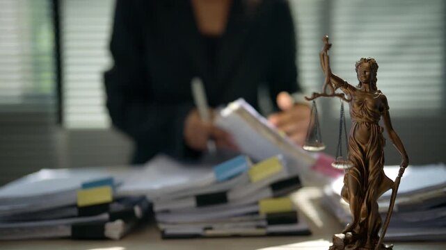 Stacked legal case files behind scales of justice in a professional office, representing litigation, case preparation, evidence records, legal documentation, research, judicial work, and court adminis