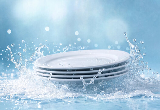 Stack of white ceramic plates surrounded by soapy bubbles and splashing water during dishwashing, representing kitchen cleanliness, hygiene, household chores, and daily cleaning.