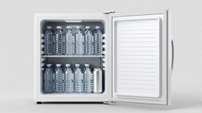 White mini fridge with open door. Small refrigerator filled with plastic water bottles, silver aluminum on shelves. Realistic mockup of portable cooler for kitchen, cafe, office. Cold beverages