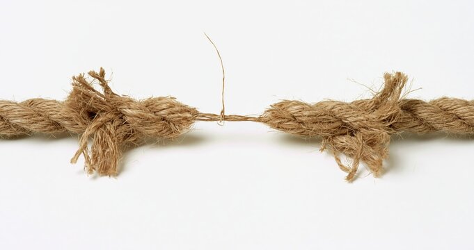Rope frayed under tension about to snap showing danger and crisis from fiber weakness and failure