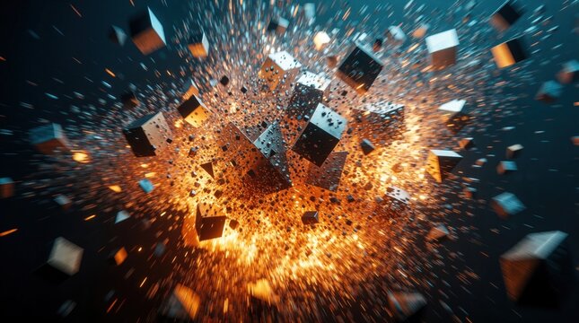 Abstract 3D background with dark geometric cubes exploding into orange glowing particles. Motion blur effect shows digital disintegration, data breakup. Futuristic tech concept with flying shapes,
