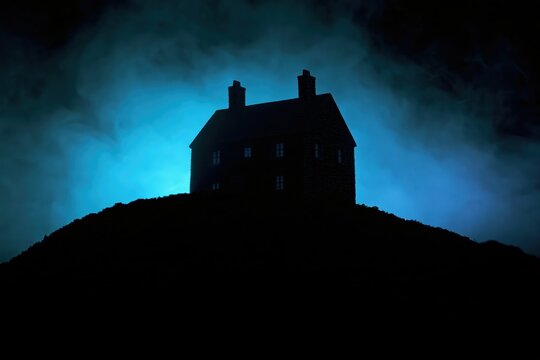 Silhouette of a spooky haunted house on a hill at night under dark blue mysterious moonlight