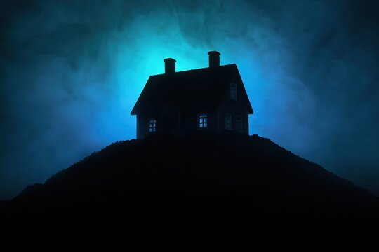 House silhouette on a spooky hill at night under blue moonlight creating an ominous dark mystery