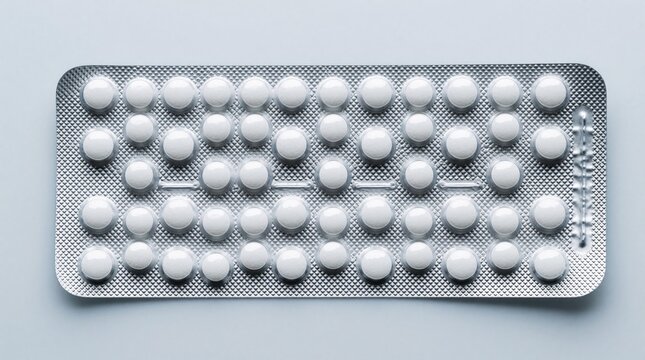 Top view of many small white round pills in silver foil blister pack. Multiple medical tablets in aluminum medicine container for prescription therapy. Healthcare concept of pharmacy drug treatment