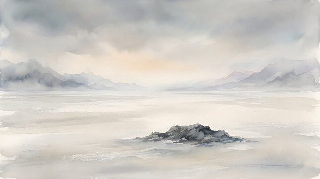 Abstract landscape painting with muted tones of grey beige and pale green