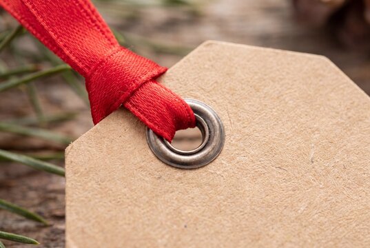 Blank Brown Paper Christmas Gift Tag with Red Ribbon and Metal Eyelet
