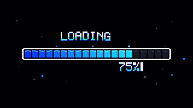 Pixel progress bar animation with pixelated 8bit style, staged loading and completion on transparent background. Pixel loading progress bar in retro arcade style