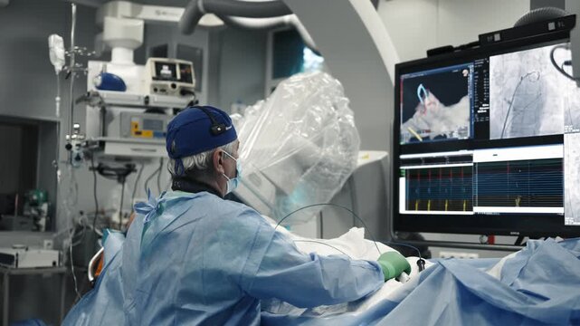 Cardiologist monitoring vascular imaging and hemodynamics during a catheter procedure.