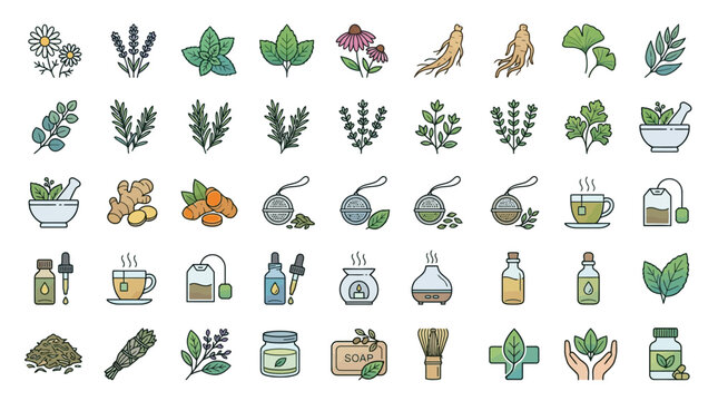 Colorful Herbs Medicinal Plants and Apothecary Items Collection.