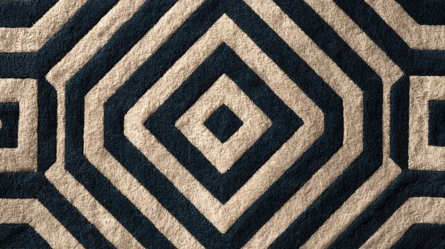 Full frame close view of textured plush carpet with repeating symmetrical concentric nested diamond pattern in deep navy blue warm beige creating modern elegant decorative surface