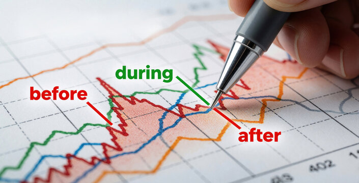 Closeup of line graph showing insulin, glucose levels. Red, green lines track blood sugar spikes with before, during, after annotations. Person holds pen to point at data on paper chart for medical