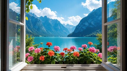 Fototapeta premium Open window view of blue lake, high mountains. Pink, orange geranium flowers bloom on white window sill. Beautiful summer landscape with calm water, green trees, bright sky. Peaceful nature scenery