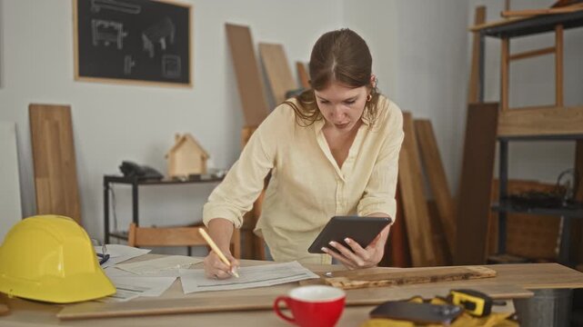 Woman carpenter holding tablet and writing on architectural plans with pencil, exposed hand on table in studio surrounded by wood and tools; planning focus craftsmanship.