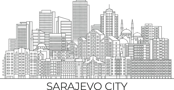 Sarajevo City Skyline Line Art Illustration with Modern Buildings and Islamic Architecture