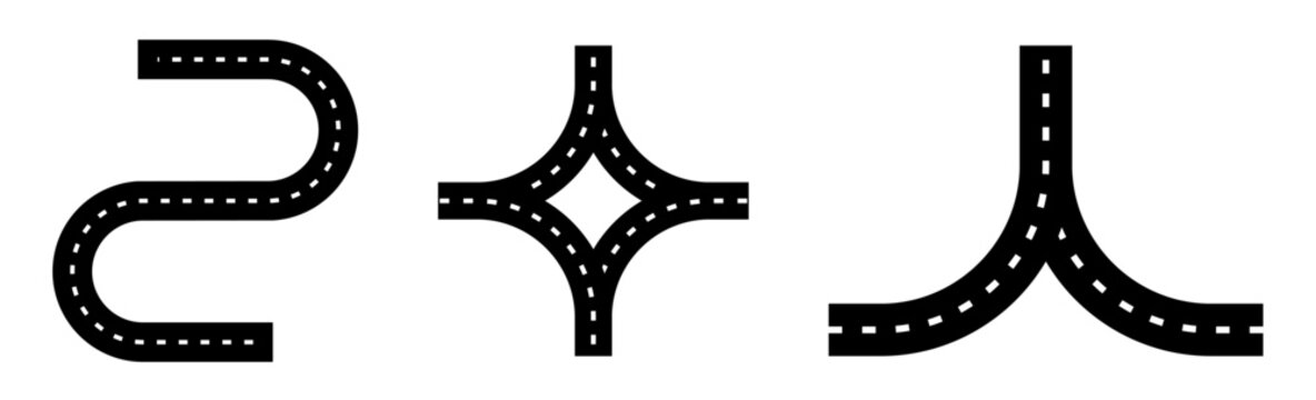 Set of three curved asphalt road elements including S-curve, four-way junction, and Y-junction isolated on a white background.