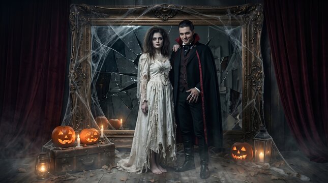 Happy Halloween couple in spooky costumes. Vampire and corpse bride posing near carved pumpkins
