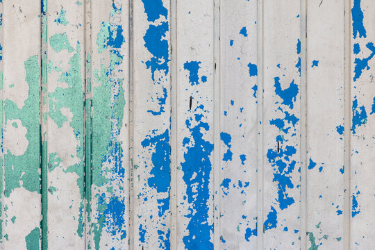 Peeling Blue Green White Paint on Corrugated Metal Sheet &ndash; Grunge Industrial Texture Background