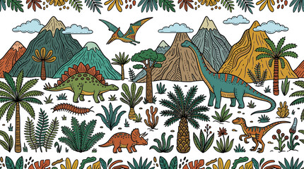 Dinosaur landscape illustration with mountains and plants © Nanah