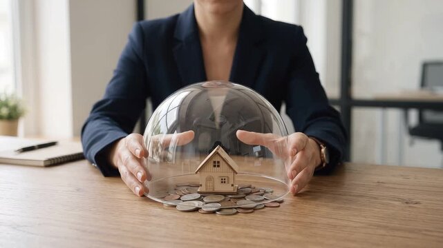 Businesswoman Protecting Wooden House Model Under Glass Dome for Insurance and Savings