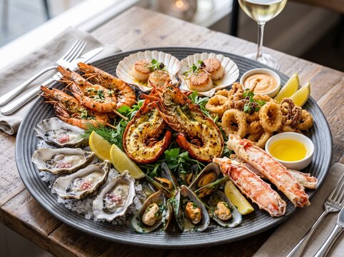 Gourmet seafood platter with lobster tail oysters and grilled prawns.