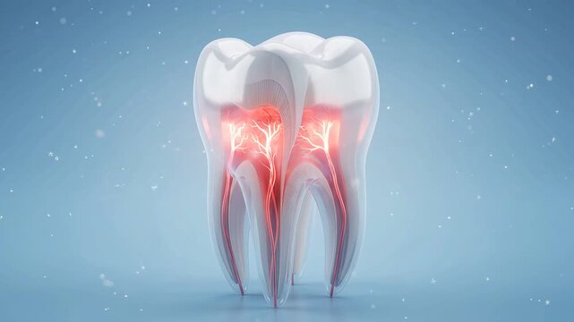 Human Tooth Anatomy with Glowing Nerves Depicting Dental Pain and Tooth Sensitivity