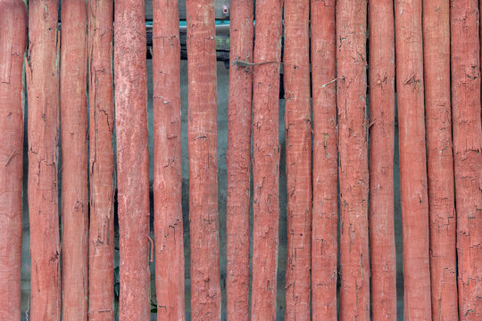 Red Painted Weathered Wooden Poles Fence with Wild Gecko &ndash; Rustic Tropical Background Texture