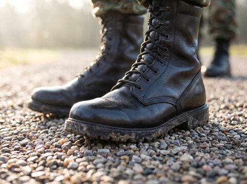 Close-up shot of a pair of black military combat boots standing on a gravel path.