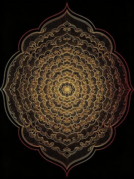 Intricate symmetrical golden mandala floral pattern with thin red outline on solid black background, elegant decorative art for meditation spirituality yoga
