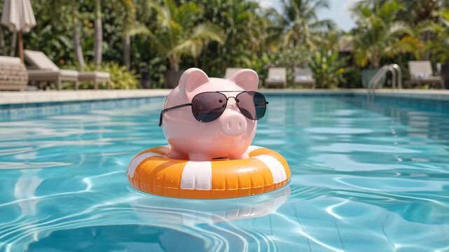 Piggy Bank Wearing Sunglasses Floating on a Ring in a Swimming Pool