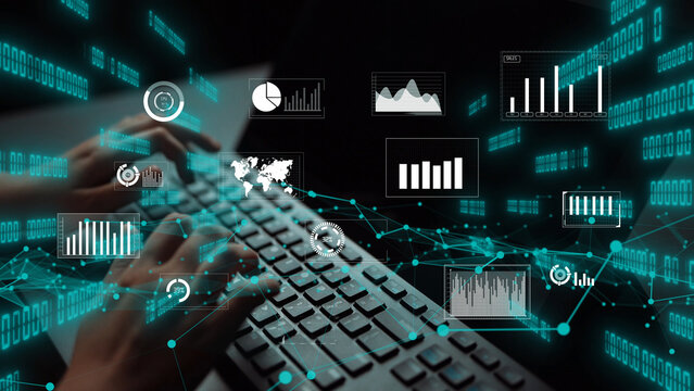 A dynamic scene of hands typing on a keyboard, surrounded by visual data elements like charts and graphs, symbolizing the intersection of technology and analytics. Xenic