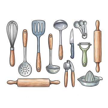 Set of kitchen utensils and cooking tools on white background
